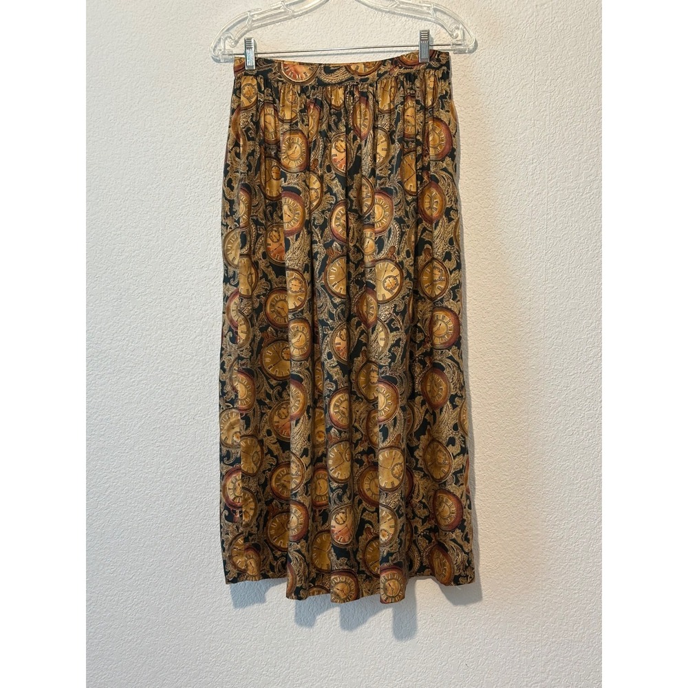 Vintage‎ 90s Pocket Watch Print Rayon Midi Skirt Multicolor Pockets  Sz 4